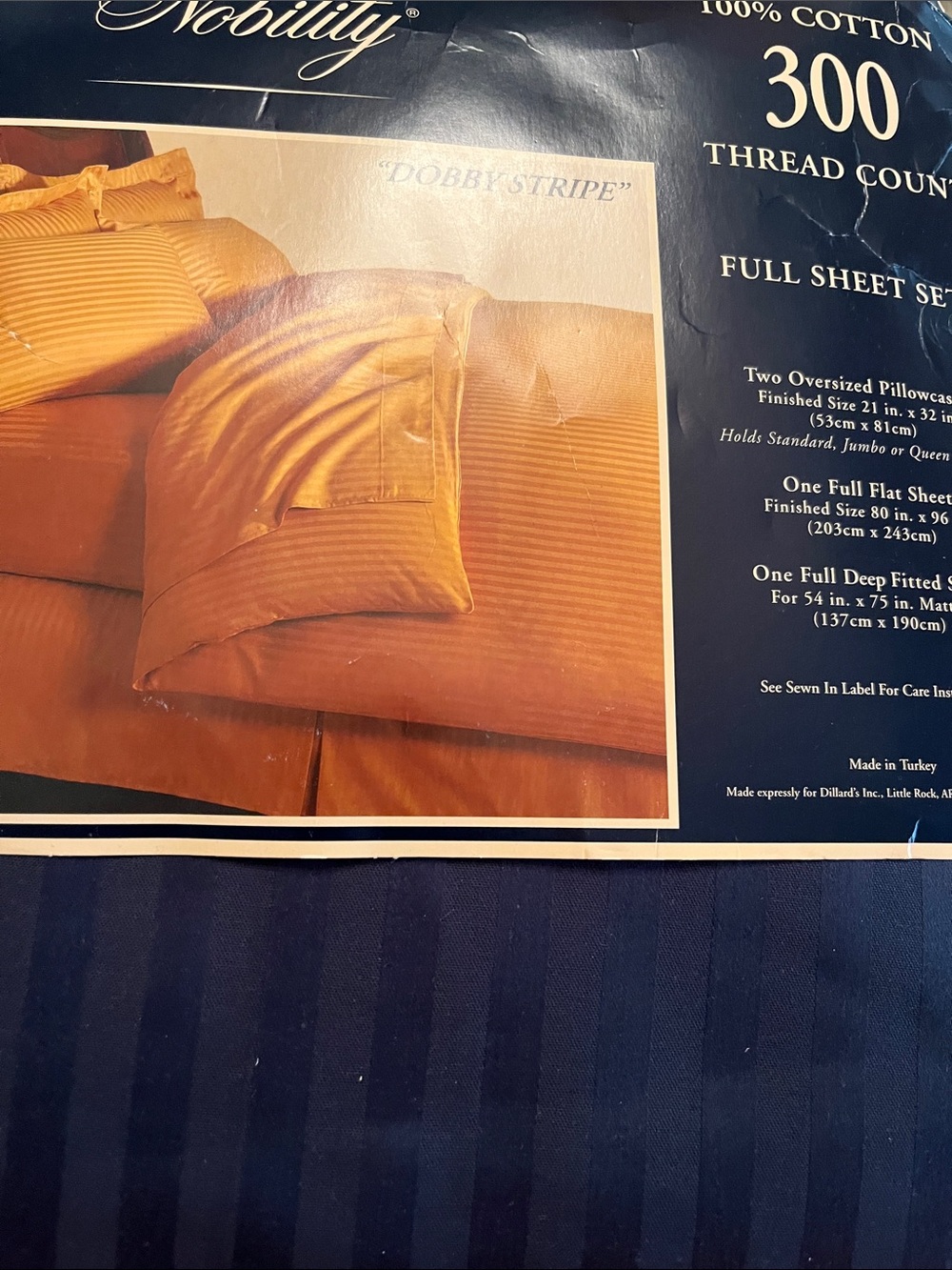 Sheet set 4 piece full size navy new Nobility 300 thread count Dobby Stripe
